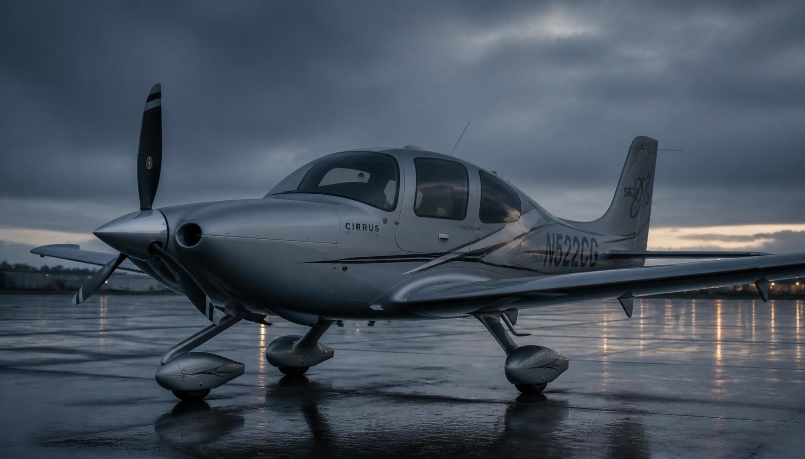 Single-engine general aviation aircraft parked on a wet ramp at dusk