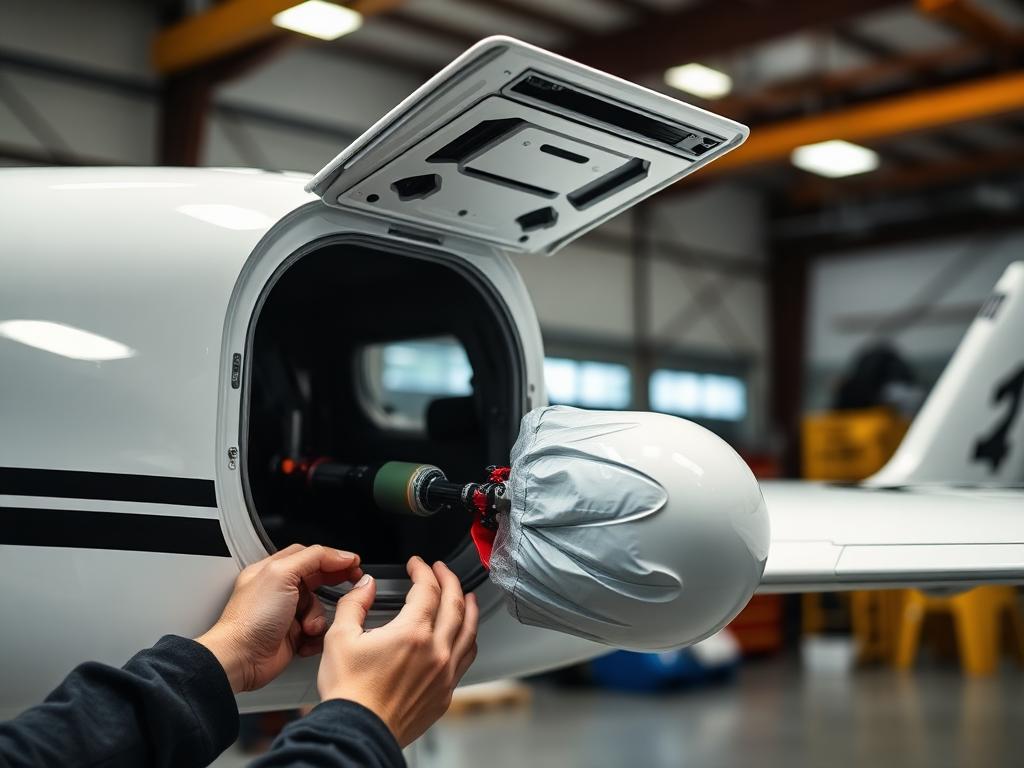 Technician servicing an aircraft safety system