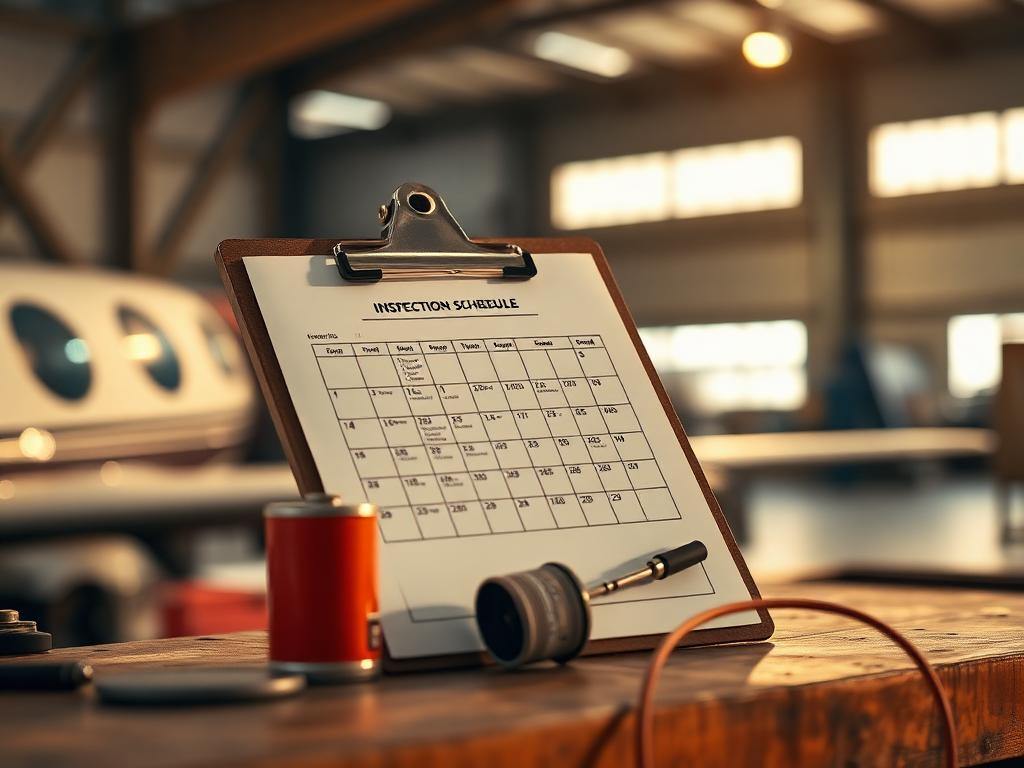 Inspection schedule clipboard and oil change parts on a hangar workbench