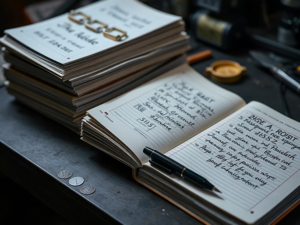 Stacked aircraft maintenance logbooks with handwritten entries